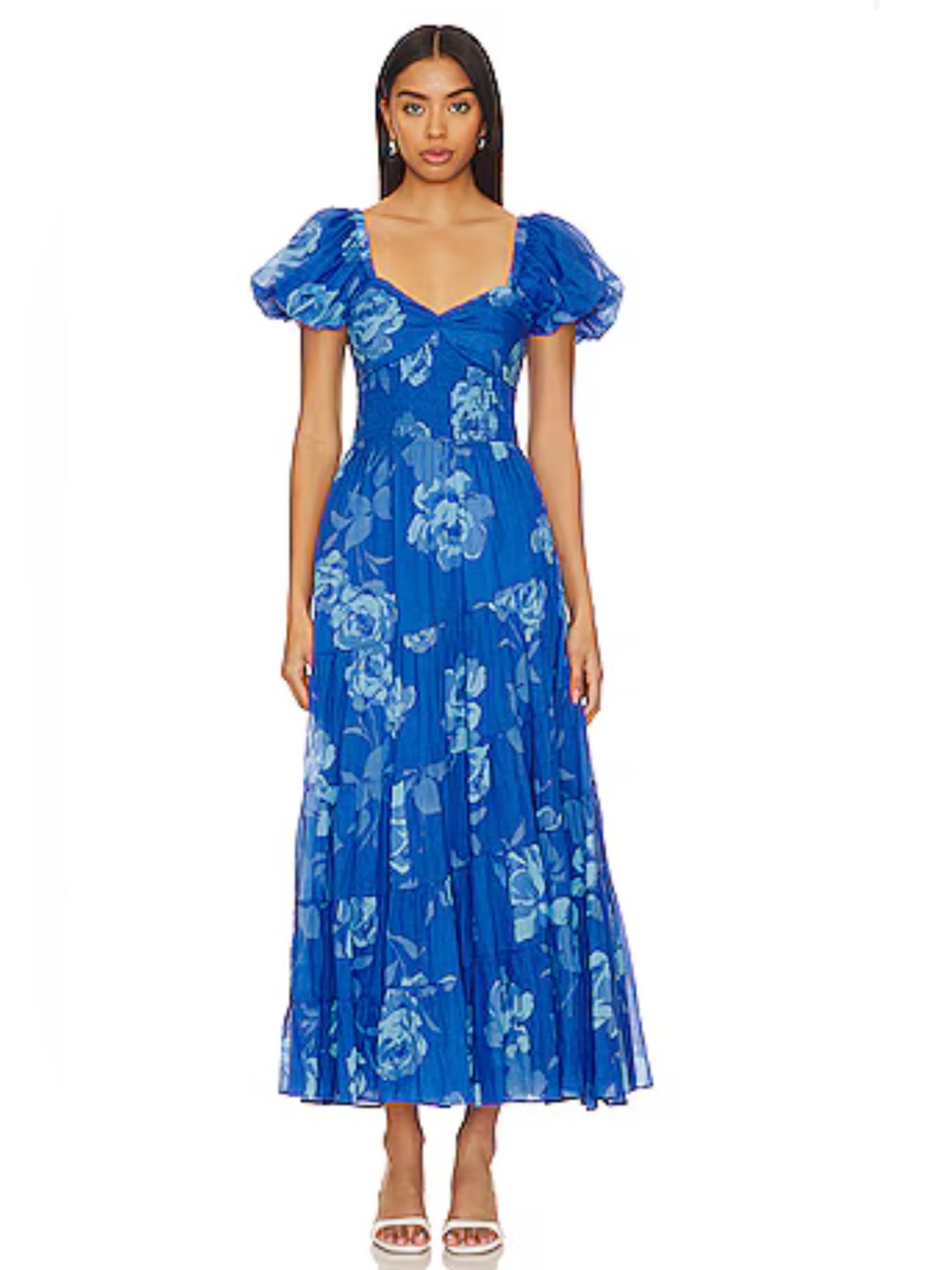 Free People Blue Floral Puff-Sleeve Maxi Dress